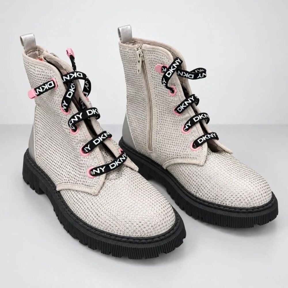 DKNY Girls Size 6M Rhinestone Combat Boots Silver Pink Black High Top